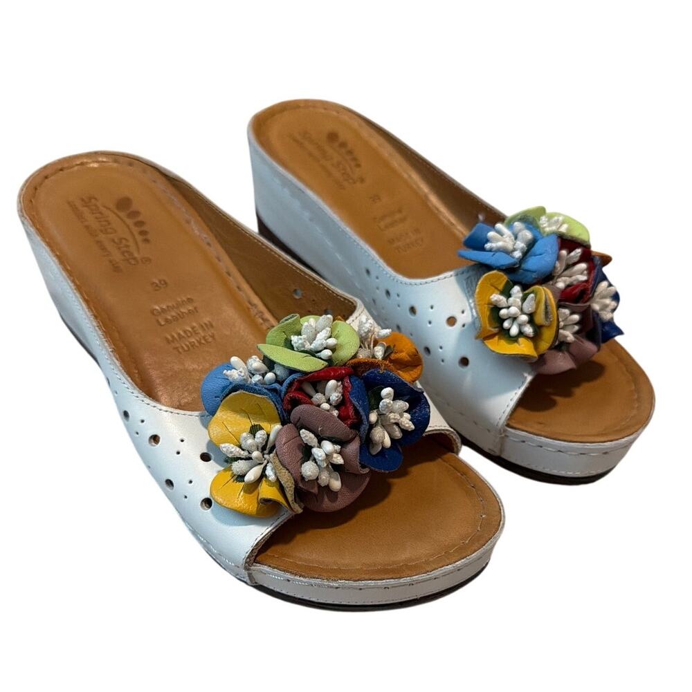 Spring Step Flowerchild White Leather Floral Wedge Slide Size 39 (US 8.5)